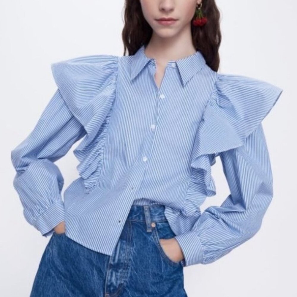 New With Tags Zara Ruffle button down long sleeve in blue with white stripes